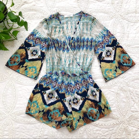 Urban Outfitters Pants - On Twelfth Blue Boho Abstract Print Wrap Romper